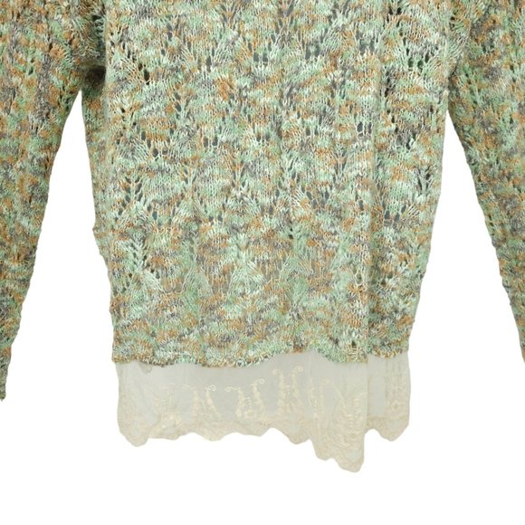 Gimmicks By BKE Pullover Sweater Womens Size L Open Knit Lace Hem Trim Green Tan - Picture 9 of 15